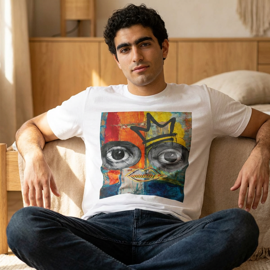 Abstract Crowned Face Graphic Tee — Street Art Pop Surrealism T-Shirt